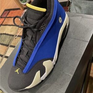Jordan Men's Blue and Black Sneakers with Yellow Accents